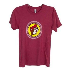 Buc-ees Womens Shirt Size Small Heather Pink Yellow Beaver Short Sleeve